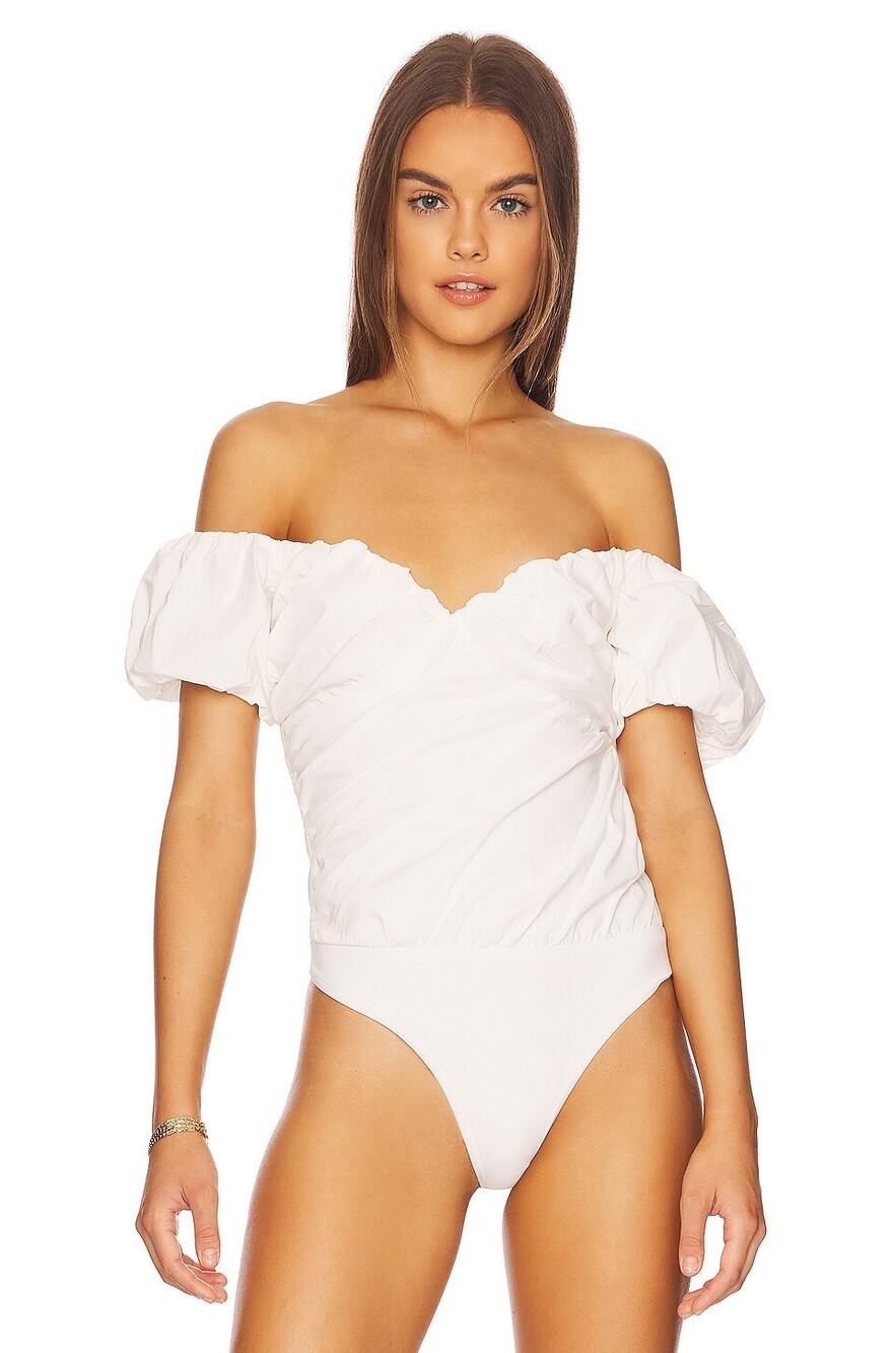 ASTR the Label Rayne White Puff Sleeve Off the Shoulder Ruched Bodysuit S